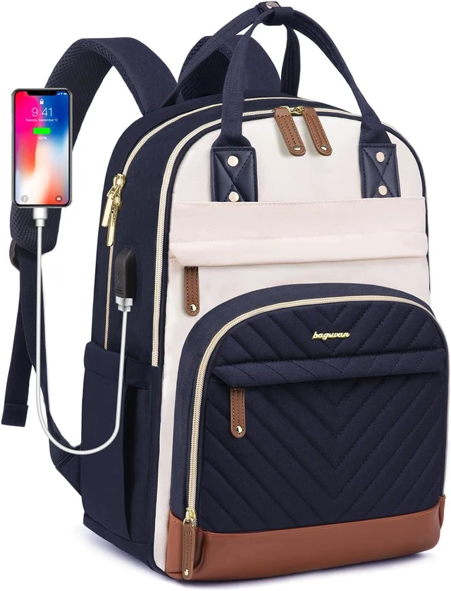 Alt view image 6 of 10 - Laptop Backpack for Women, Fits 15.6 Inch Laptop Bag, Fashion Travel Work Backpack Anti-theft Bag with USB Charging, Business Computer Waterproof Backpack Purse, Beige Blue Brown