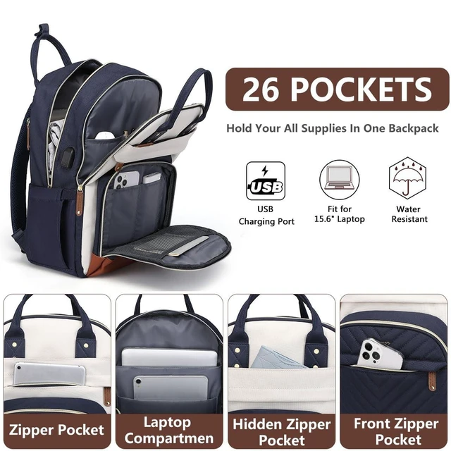 Alt view image 7 of 10 - Laptop Backpack for Women, Fits 15.6 Inch Laptop Bag, Fashion Travel Work Backpack Anti-theft Bag with USB Charging, Business Computer Waterproof Backpack Purse, Beige Blue Brown
