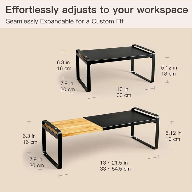 Alt view image 8 of 10 - Solcasaco Expandable Desk Shelf Organizer, Sturdy Bamboo Desktop Riser for Monitor, Laptop & Office Storage, Modern Workspace Stand Accessories (Black)
