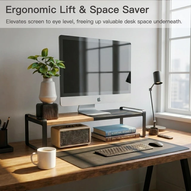 Alt view image 9 of 10 - Solcasaco Expandable Desk Shelf Organizer, Sturdy Bamboo Desktop Riser for Monitor, Laptop & Office Storage, Modern Workspace Stand Accessories (Black)