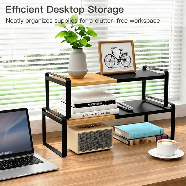 Alt view image 10 of 10 - Solcasaco Expandable Desk Shelf Organizer, Sturdy Bamboo Desktop Riser for Monitor, Laptop & Office Storage, Modern Workspace Stand Accessories (Black)