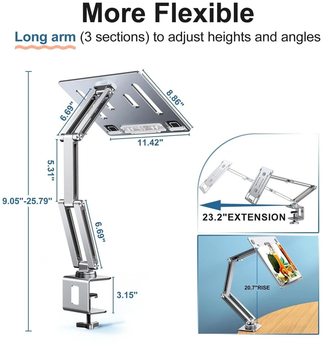 Alt view image 8 of 10 - nediea Laptop Mount for Desk, Tablet Arm Mount with 360 Rotating, Aluminum Laptop Tray Adjustable, Foldable Computer Stand/Holder, Fit for 11-15 Inch Laptops (Silver)