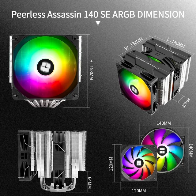Alt view image 7 of 10 - Thermalrlght Peerless Assassin 140 SE ARGB CPU Cooler, Dual Towers 6 Heat Pipes CPU Air Cooler, Dual PWM Fans, High Performance Heat Dissipation,for AM4/AM5,Intel lga115x/1700/1851