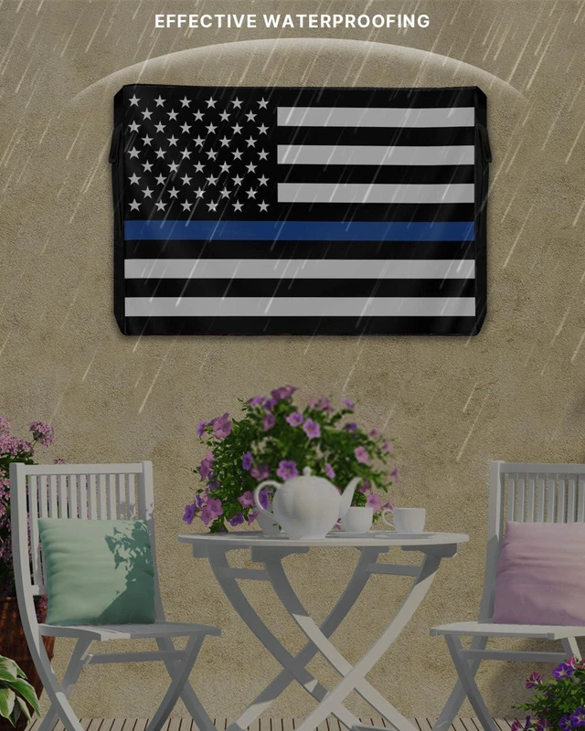 Alt view image 8 of 10 - LBCASA American Flag Outdoor TV Cover 60 to 65 Inch Weatherproof, US Flag 600D Oxford TV Covers with Waterproof Zipper, Blue Black Stripes Outside Flat TV Screen Protector Size 58" W x 37" H x 4.5" D
