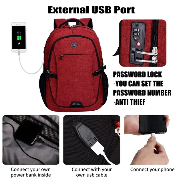 Alt view image 7 of 10 - SHRRADOO Anti Theft Laptop Backpack Travel Backpacks with usb Charging Port for Women Men High School College Backpack Computer Bag Fits 17 Inch Laptop,Red