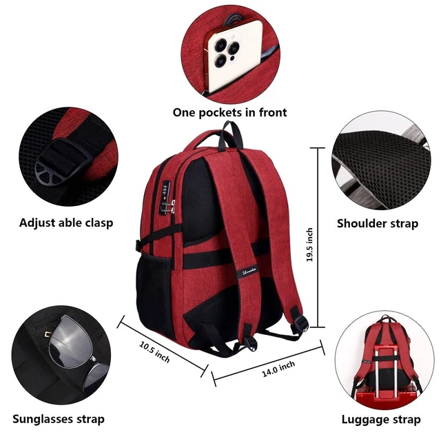 Alt view image 9 of 10 - SHRRADOO Anti Theft Laptop Backpack Travel Backpacks with usb Charging Port for Women Men High School College Backpack Computer Bag Fits 17 Inch Laptop,Red