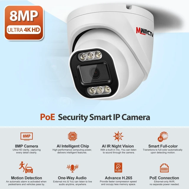 Alt view image 7 of 10 - MWRCTV 8MP Security POE IP Camera Outdoor,2.8mm 110 Wide Angle Lens,AI Human Detection Smart Color Night Vision,Built in Mic,Full Metal Case IP66 Waterproof for Home Surveillance