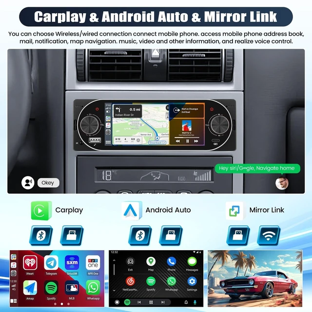 Alt view image 7 of 10 - Single Din Touchscreen Car Stereo with Wireless Carplay&Android Auto,5.1" Car Radio MP5 Player with Bluetooth FM Radio EQ Car Audio with USB/Type-C SWC+Backup Camera
