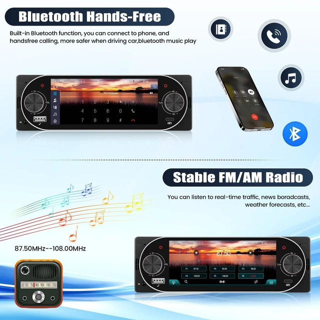 Alt view image 8 of 10 - Single Din Touchscreen Car Stereo with Wireless Carplay&Android Auto,5.1" Car Radio MP5 Player with Bluetooth FM Radio EQ Car Audio with USB/Type-C SWC+Backup Camera