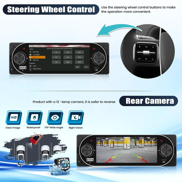 Alt view image 10 of 10 - Single Din Touchscreen Car Stereo with Wireless Carplay&Android Auto,5.1" Car Radio MP5 Player with Bluetooth FM Radio EQ Car Audio with USB/Type-C SWC+Backup Camera