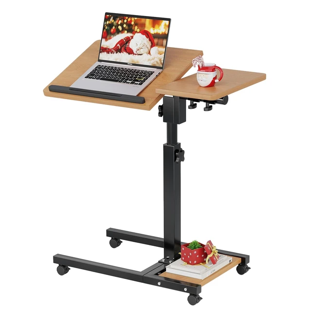 Alt view image 6 of 10 - Laptop Desk Stand for Bed Portable Desk Overbed Bedside Mobile Laptop Table Rolling Foldable Table Adjustable Height with Locked Wheels & Mouse Pad for Office Sofa (Natural Color)