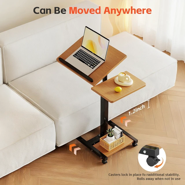 Alt view image 8 of 10 - Laptop Desk Stand for Bed Portable Desk Overbed Bedside Mobile Laptop Table Rolling Foldable Table Adjustable Height with Locked Wheels & Mouse Pad for Office Sofa (Natural Color)