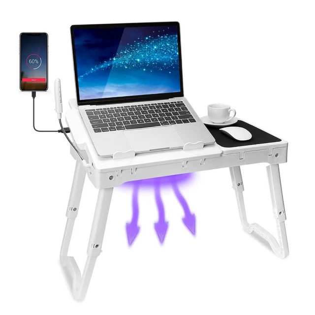 Alt view image 6 of 10 - TeqHome Laptop Table for Bed, Adjustable Laptop Bed Desk with Fan, 4 USB Ports, Portable Lap Desk with Foldable Legs, Laptops Stand for Couch Sofa Bed Tray with LED Light, Storage, Mouse Pad - White
