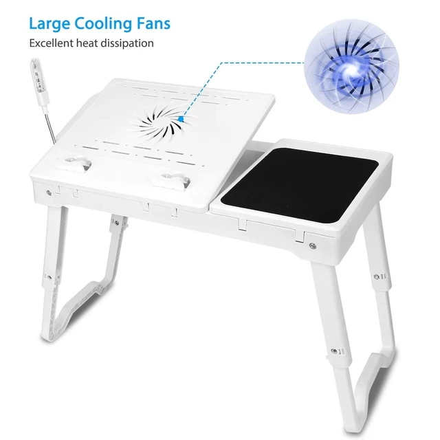 Alt view image 7 of 10 - TeqHome Laptop Table for Bed, Adjustable Laptop Bed Desk with Fan, 4 USB Ports, Portable Lap Desk with Foldable Legs, Laptops Stand for Couch Sofa Bed Tray with LED Light, Storage, Mouse Pad - White