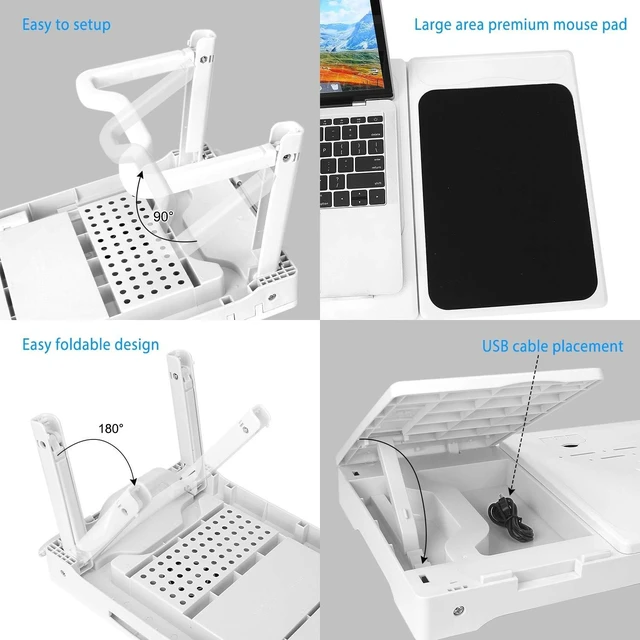 Alt view image 9 of 10 - TeqHome Laptop Table for Bed, Adjustable Laptop Bed Desk with Fan, 4 USB Ports, Portable Lap Desk with Foldable Legs, Laptops Stand for Couch Sofa Bed Tray with LED Light, Storage, Mouse Pad - White