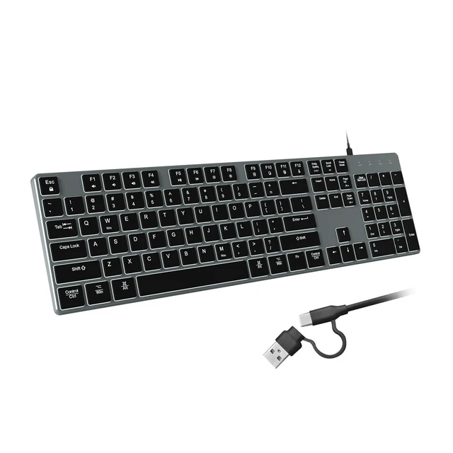 Alt view image 6 of 10 - POWZAN Wired Backlit Keyboard for Windows/Mac,Aluminum Slim & Quiet Full Size Keyboards Light Up with USB A/USB C Dual Interface,Compatible with iMac,MacBook,iPad,Laptop,PC-Gray Black (Gray Black)