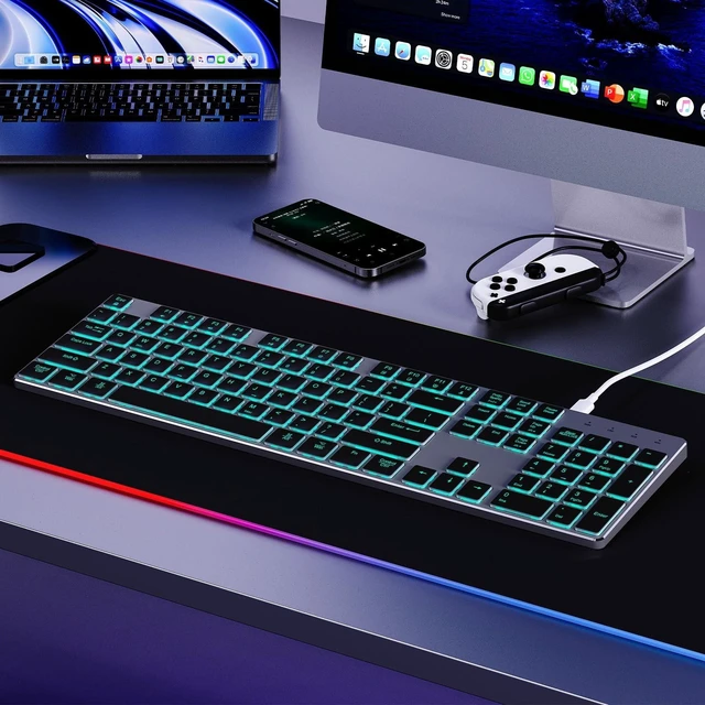 Alt view image 7 of 10 - POWZAN Wired Backlit Keyboard for Windows/Mac,Aluminum Slim & Quiet Full Size Keyboards Light Up with USB A/USB C Dual Interface,Compatible with iMac,MacBook,iPad,Laptop,PC-Gray Black (Gray Black)