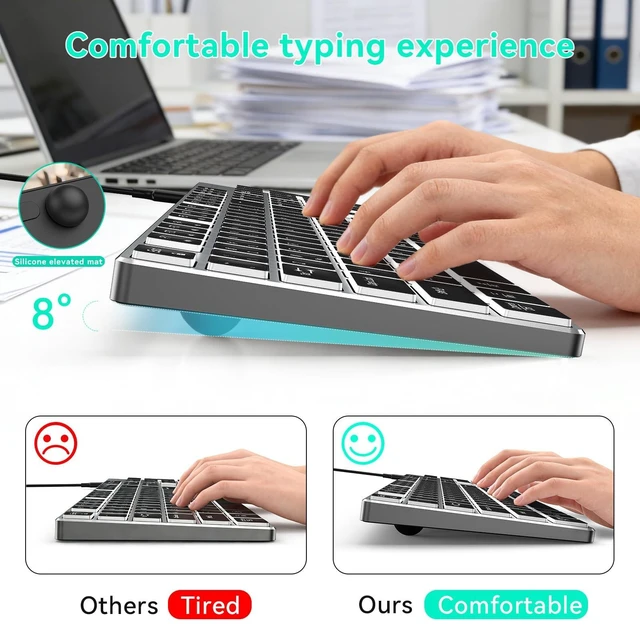 Alt view image 10 of 10 - POWZAN Wired Backlit Keyboard for Windows/Mac,Aluminum Slim & Quiet Full Size Keyboards Light Up with USB A/USB C Dual Interface,Compatible with iMac,MacBook,iPad,Laptop,PC-Gray Black (Gray Black)