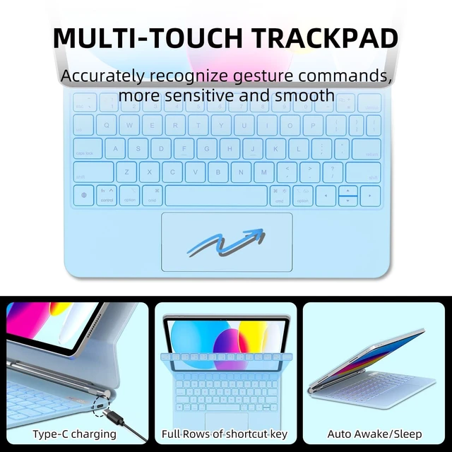 Alt view image 10 of 10 - DVWDVW for iPad 11th 10th Generation Case with Keyboard - 7 Colors Backlit Magic Keyboard for iPad 11-inch A16 2025 10th Gen 10.9 Inch 2022 (Blue)