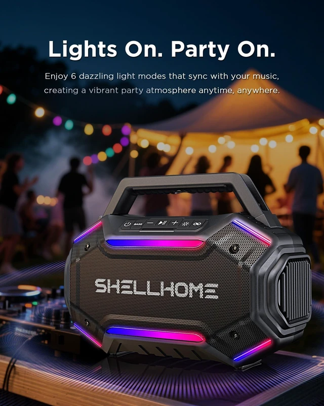 Alt view image 8 of 10 - ShellHome Bluetooth 6.0 Speakers Outdoor, 80W(Peak) Loud Speaker with Bass, 30H Playtime, IPX6 Waterproof, RGB Lights, BassUp 2.0, TWS, Portable Large Jobsite Speakers for Party, Garage
