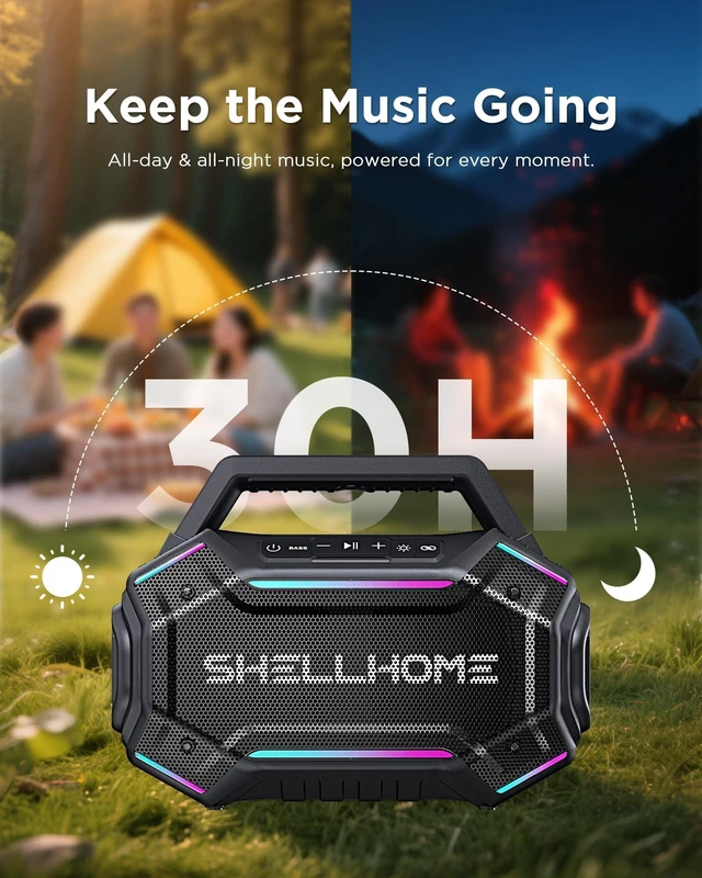 Alt view image 10 of 10 - ShellHome Bluetooth 6.0 Speakers Outdoor, 80W(Peak) Loud Speaker with Bass, 30H Playtime, IPX6 Waterproof, RGB Lights, BassUp 2.0, TWS, Portable Large Jobsite Speakers for Party, Garage