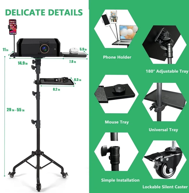 Alt view image 7 of 10 - Asltoy Projector Tripod Stand with Wheels Adjustable Height Laptop Tripod Stand Treadmill Laptop Stand with 2 Shelves Mouse Tray Phone Holder Projector Tripod Music Stand Office Home Portable Laptop F