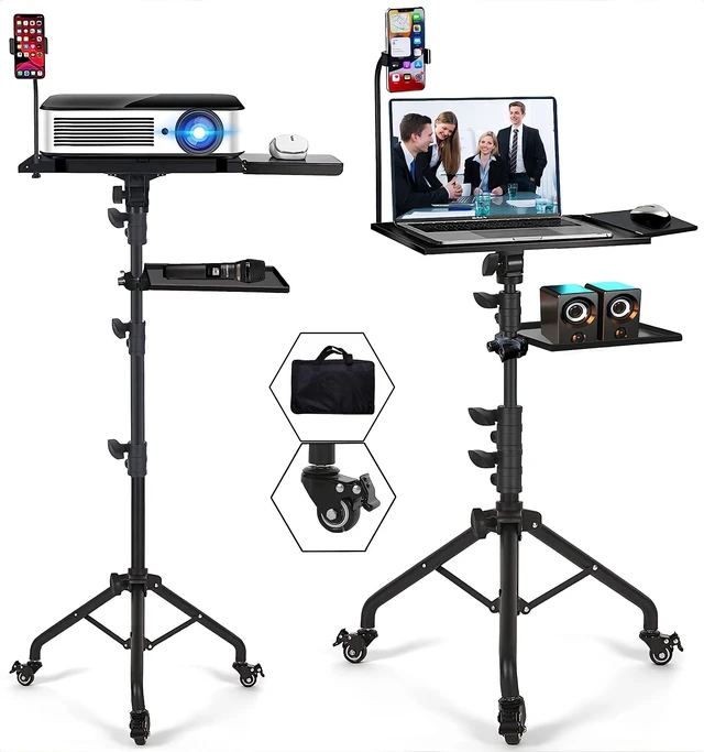 Alt view image 6 of 10 - Asltoy Projector Tripod Stand with Wheels Adjustable Height Laptop Tripod Stand Treadmill Laptop Stand with 2 Shelves Mouse Tray Phone Holder Projector Tripod Music Stand Office Home Portable Laptop F