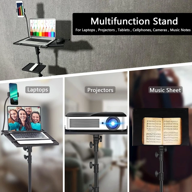Alt view image 8 of 10 - Asltoy Projector Tripod Stand with Wheels Adjustable Height Laptop Tripod Stand Treadmill Laptop Stand with 2 Shelves Mouse Tray Phone Holder Projector Tripod Music Stand Office Home Portable Laptop F