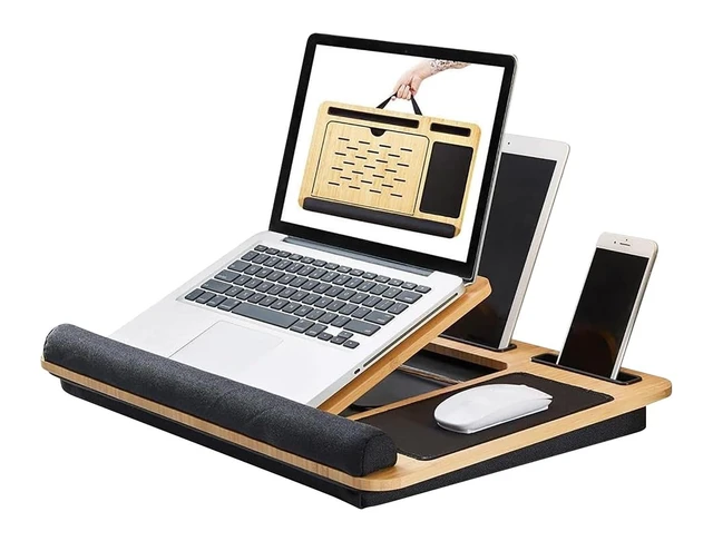 Alt view image 6 of 10 - Foldable Wooden Laptop Stand for Desk Adjustable & Portable Lapdesk with Cushion Ergonomic Wood Laptop Riser with Storage Shelf for Home, Office & Travel Fits Up to 16-Inch Laptops