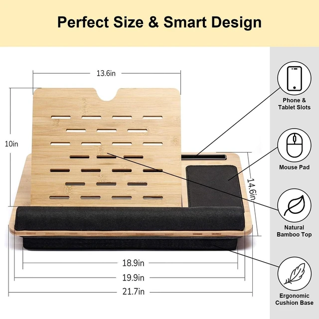Alt view image 7 of 10 - Foldable Wooden Laptop Stand for Desk Adjustable & Portable Lapdesk with Cushion Ergonomic Wood Laptop Riser with Storage Shelf for Home, Office & Travel Fits Up to 16-Inch Laptops