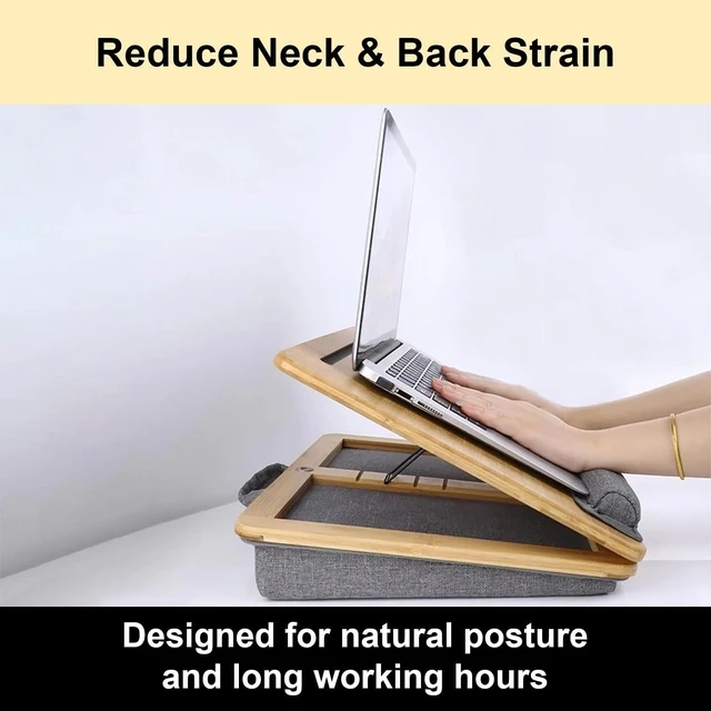 Alt view image 9 of 10 - Foldable Wooden Laptop Stand for Desk Adjustable & Portable Lapdesk with Cushion Ergonomic Wood Laptop Riser with Storage Shelf for Home, Office & Travel Fits Up to 16-Inch Laptops