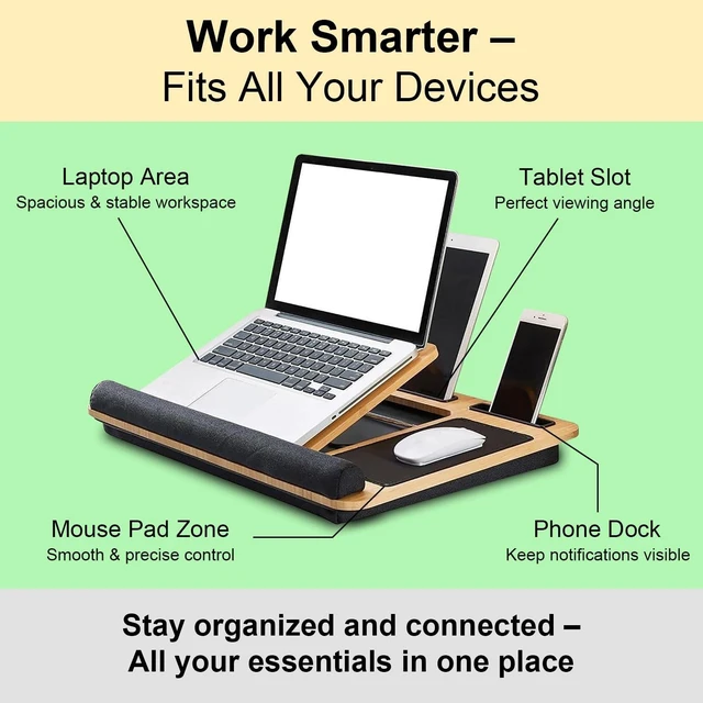 Alt view image 10 of 10 - Foldable Wooden Laptop Stand for Desk Adjustable & Portable Lapdesk with Cushion Ergonomic Wood Laptop Riser with Storage Shelf for Home, Office & Travel Fits Up to 16-Inch Laptops