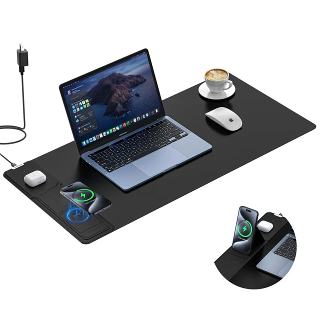 Alt view image 6 of 10 - Wireless Charging Mouse Pad with Foldable Phone Holder, 31.5" x 15.8" XXL Large Desk Pad, Gaming Mousepad with Ultra-Smooth Surface, Non-Slip Base, Black Waterproof Desk Mat, with 20W PD Charging Kit