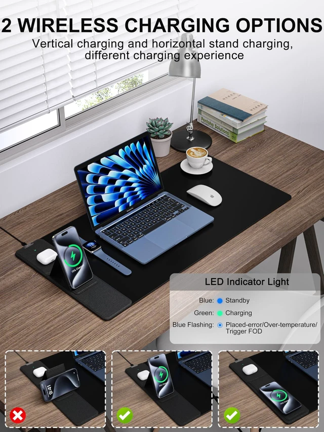 Alt view image 7 of 10 - Wireless Charging Mouse Pad with Foldable Phone Holder, 31.5" x 15.8" XXL Large Desk Pad, Gaming Mousepad with Ultra-Smooth Surface, Non-Slip Base, Black Waterproof Desk Mat, with 20W PD Charging Kit
