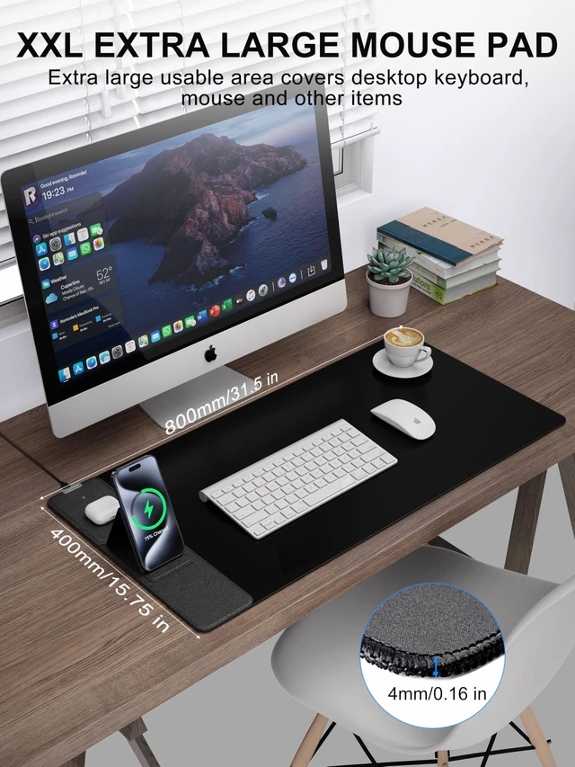 Alt view image 8 of 10 - Wireless Charging Mouse Pad with Foldable Phone Holder, 31.5" x 15.8" XXL Large Desk Pad, Gaming Mousepad with Ultra-Smooth Surface, Non-Slip Base, Black Waterproof Desk Mat, with 20W PD Charging Kit