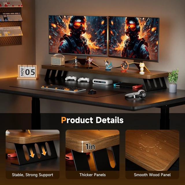 Alt view image 7 of 10 - NestNeat Dual Monitor Stand Riser, 39 Inch Large Wood Monitor Stands for 2 Monitors, Desk Monitor Riser for Computer/Laptop/Printer/TV, Stand Riser up to 220 lbs