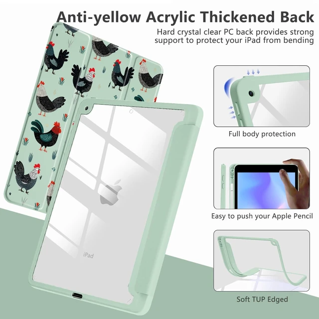 Alt view image 9 of 10 - LuGeKe Rooster Case for iPad 2019/2020/2021(iPad 7th/8th/9th) Unique Case,Pencil Holder & Clear Acrylic Back & Trifold Stand Cover for Women