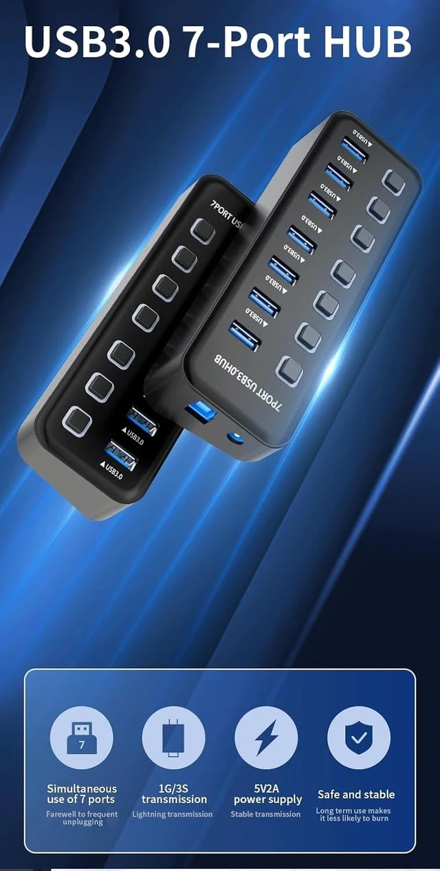 Alt view image 10 of 14 - PremiumCord Superspeed USB Hub, 7X USB Type A, USB 3.2 Gen 1 5Gbps, Port Switch, Hot Lug, Led, Black, Cable Length 1 m