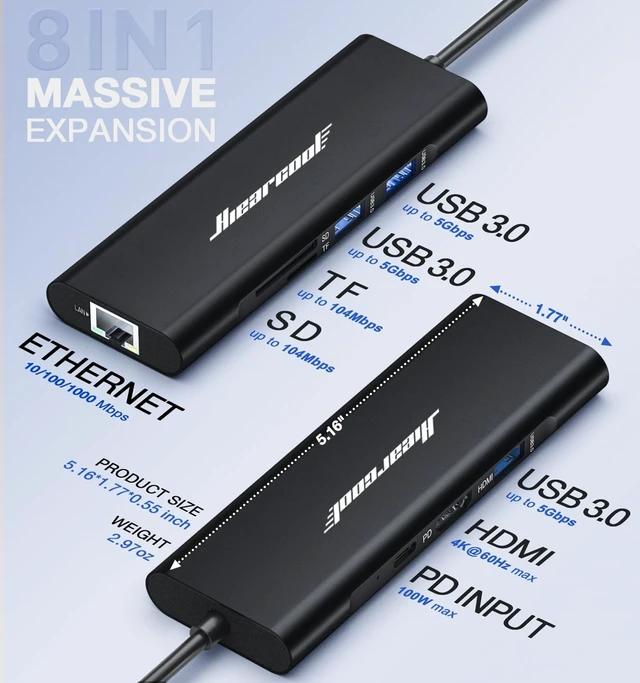 Alt view image 12 of 14 - Hiearcool USB C Hub, USB C Dock, 4K@60Hz HDMI, 1Gbps Ethernet, Black