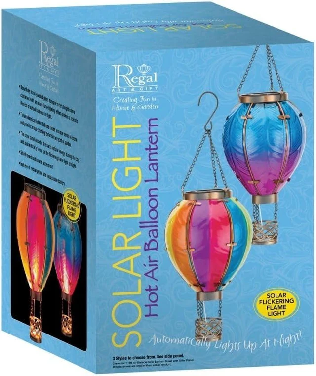 Alt view image 12 of 12 - Regal Art & Gift Hot Air Balloon Solar Lantern Hanging Solar-Powered LED Lights, Waterproof Portable Decorative Outdoor Lamp Made of Metal & Glass for Garden, Patios & Pathway Blue (Small)