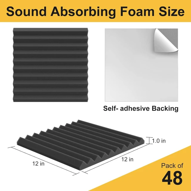 Alt view image 9 of 14 - JBER Acoustic Foam Panels, 48 Pack 12x12x1 Inch Upgraded Self-Adhesive Soundproof Wall Panels Sound Absorbing Panel Treatment for Home Office Studio - Black