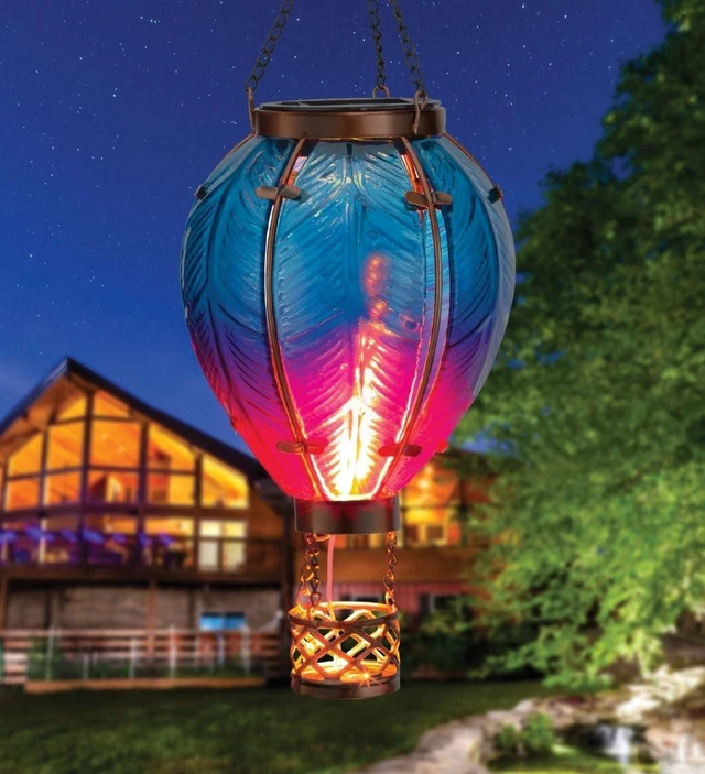 Alt view image 9 of 12 - Regal Art & Gift Hot Air Balloon Solar Lantern Hanging Solar-Powered LED Lights, Waterproof Portable Decorative Outdoor Lamp Made of Metal & Glass for Garden, Patios & Pathway Blue (Small)