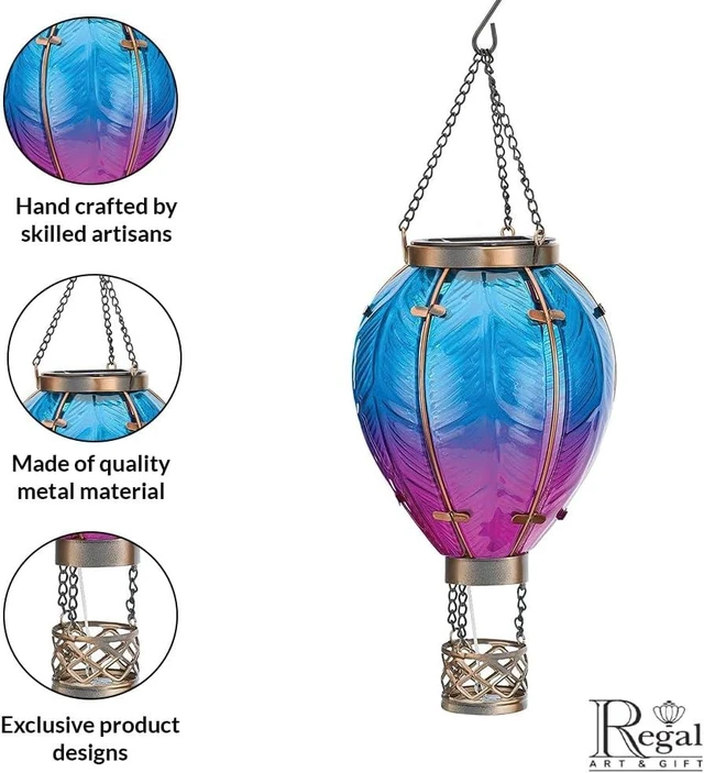 Alt view image 10 of 12 - Regal Art & Gift Hot Air Balloon Solar Lantern Hanging Solar-Powered LED Lights, Waterproof Portable Decorative Outdoor Lamp Made of Metal & Glass for Garden, Patios & Pathway Blue (Small)
