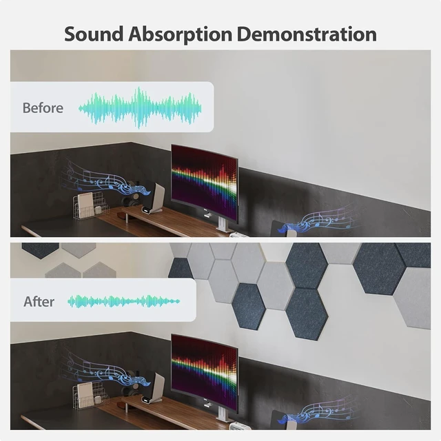 Alt view image 11 of 14 - Amantech 12 Pack Acoustic Panels Self Adhesive Sound Proof Foam, High Density Sound Acoustic Foam Panel, 12X10.23X0.4 Inch Hexagon Wall Panels in Home,Office,Reccording Room,Studio(Moonlight Grey)