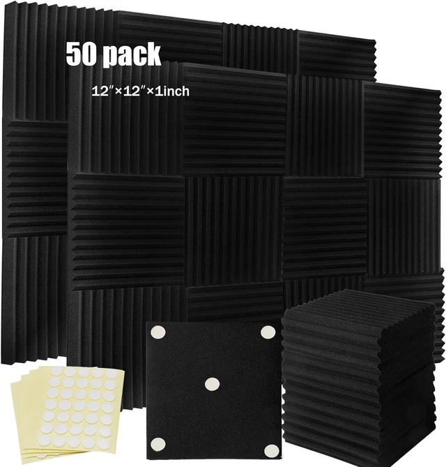 Alt view image 7 of 12 - 50 Pack Acoustic Foam Panels 1" X 12" X 12" Wedge Soundproof Studio Foam for Walls Sound Absorbing Panels Sound Insulation for Studio (50 Pack, Black)