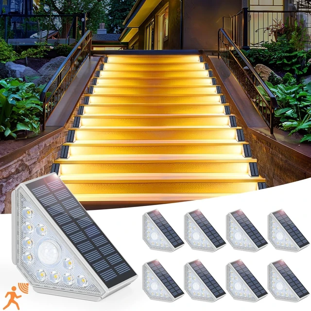 Alt view image 8 of 13 - Motion Sensor Solar Stair Lights Outdoor, 8-Pack Super Bright LED Solar Powered Step Lights for Outside, 550LM IP67 Waterproof Outdoor Sensor Lights for Stair Porch Yard Deck, Warm White