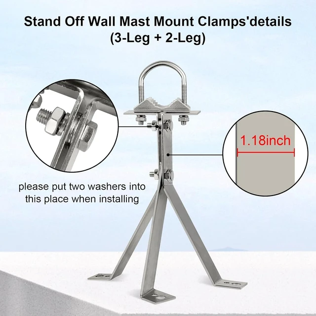 Alt view image 9 of 12 - XRDS-RF Antenna Wall Mount - 10 Inch Heavy-Duty Stand Off Wall Mast Mount Windproof Mounting Bracket for TV Antenna Mast (2-Leg + 3-Leg)