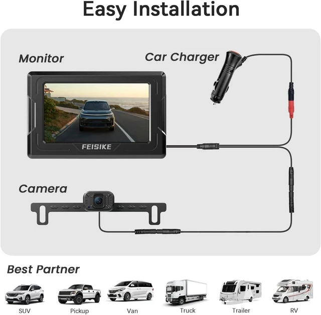 Alt view image 8 of 11 - FEISIKE Backup Camera, 1080P IR Night Vision with Monitor, Easy Setup Plug-Play Rear View Camera, 150 Degrees Wide Angle, IP68 Waterproof, 4.3" Display for Car Truck SUV