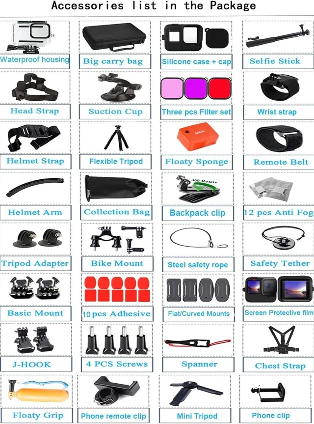 Alt view image 14 of 14 - Accessories Kit for Gopro Hero 12 11 10 9 Black Waterproof Housing Silicone Case Glass Screen Protector Bundle for Go pro Gopro12 Gopro11 Gopro10 Gopro9 Hero12 Hero11 Hero10 Action Camera 62E