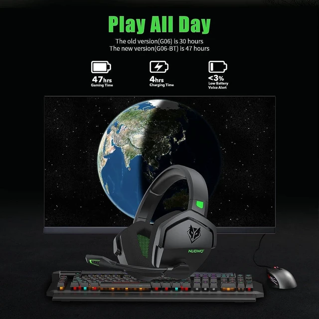 Alt view image 8 of 12 - NUBWO G06 Dual Wireless Gaming Headset with Microphone for PS5, PS4, PC, Mobile, Switch: 2.4GHz Wireless + Bluetooth - 100 Hr Battery - 50mm Drivers - Green